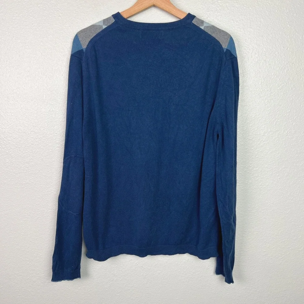 Banana Republic Mens Blue Argyle Silk Cashmere V-Neck Sweater Elbow Patches M